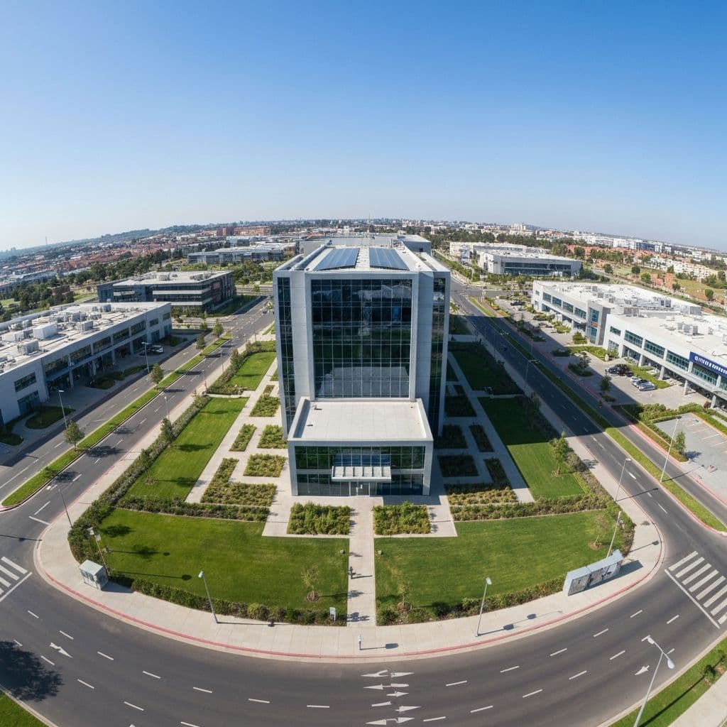 Downtown office complex with modern flat roof
