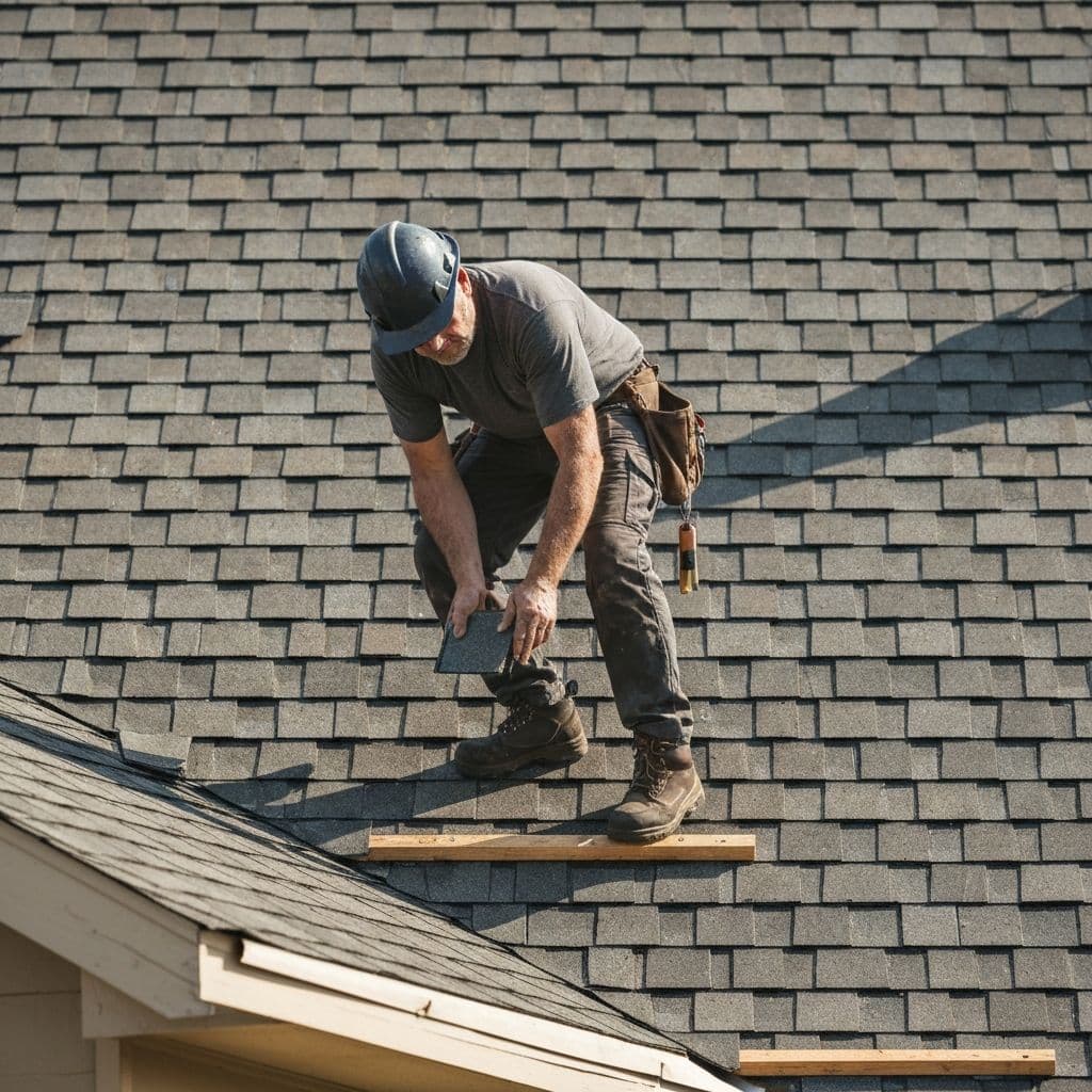 Professional roofer installing shingles on house